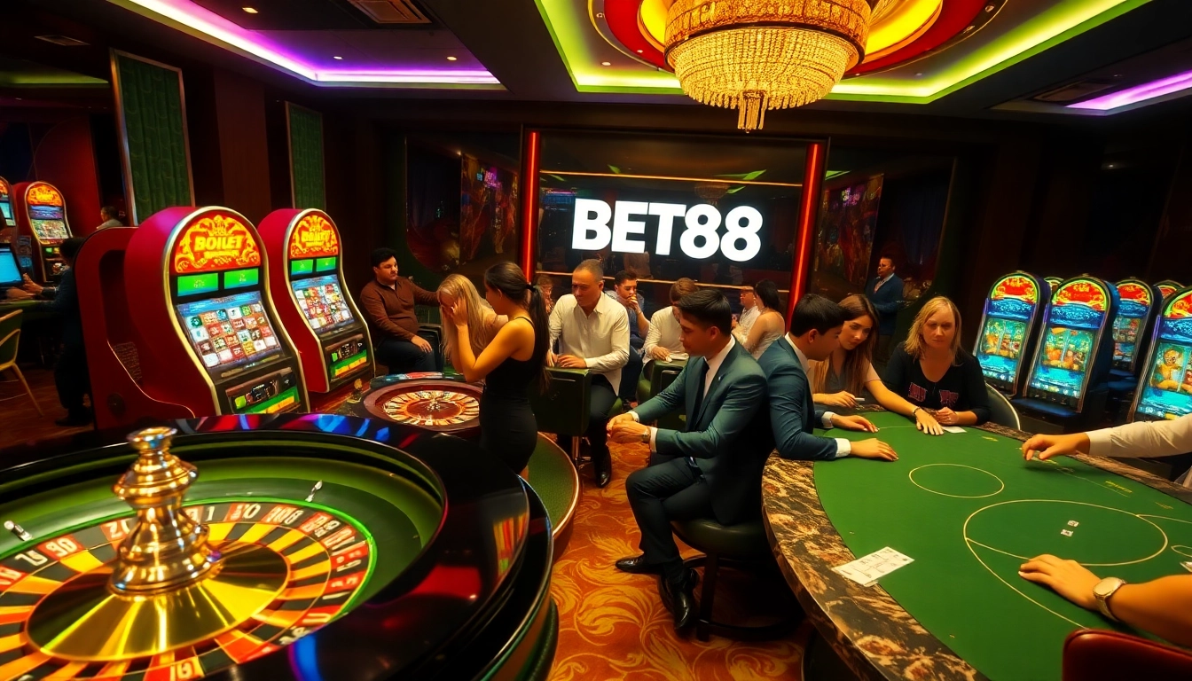 Engaging casino scene at bet88 com with wheel, slots, and diverse players.