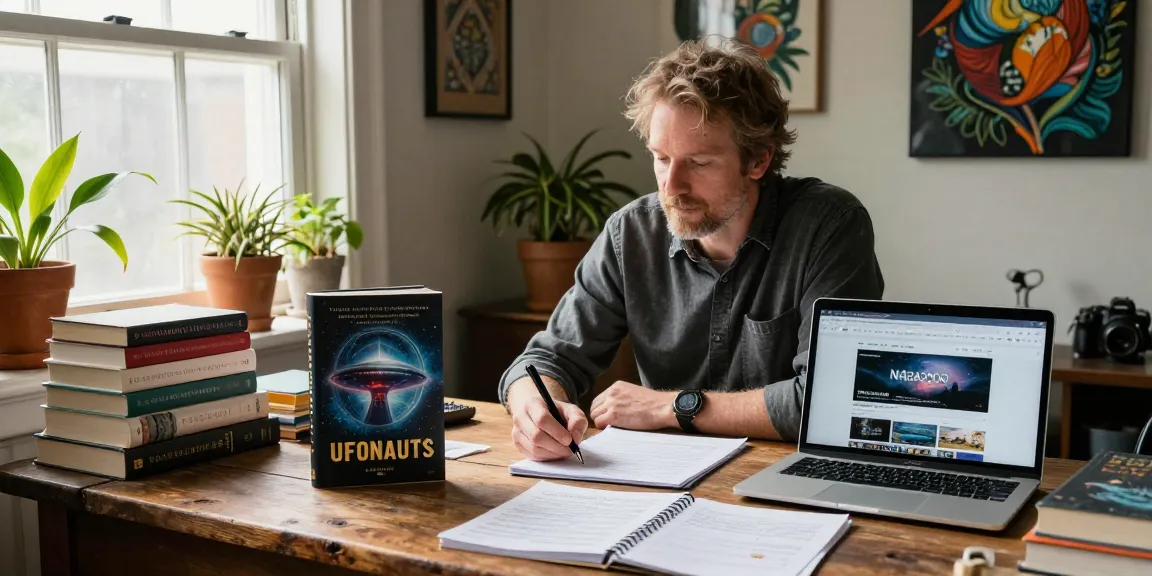 T. Allen Greenfield at his writing desk showcasing UFOnauts on https://tallengreenfield.com with stacks of spiritual books.
