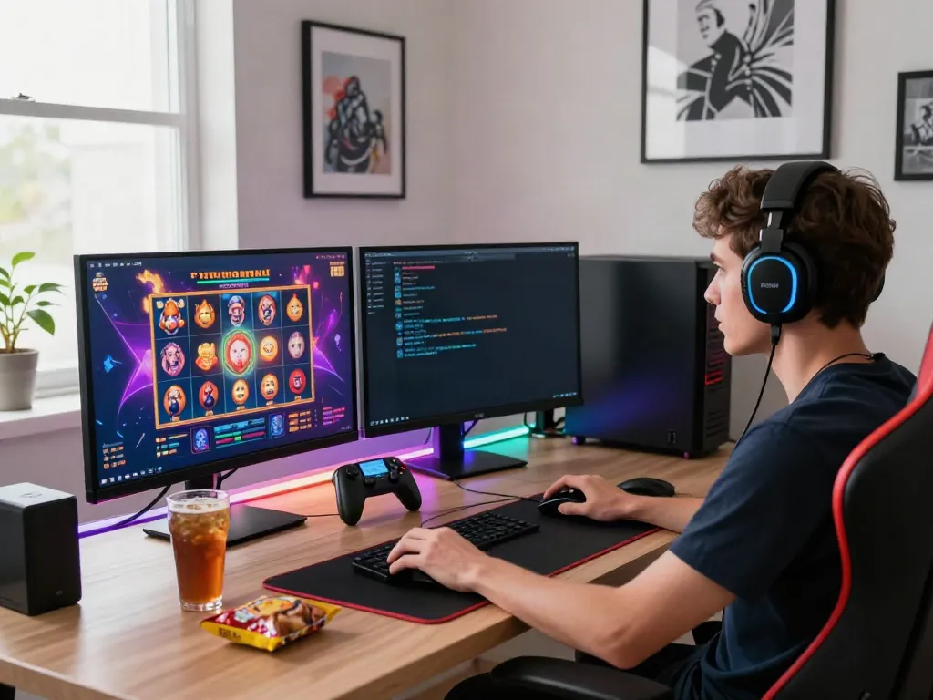 A dynamic home gaming setup featuring akunjp slot game on screen and vibrant LED lighting.