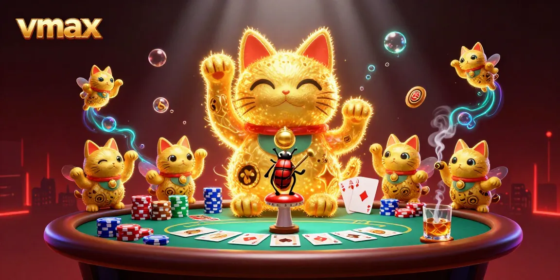 Experience the excitement of vmax with a glowing casino cat and poker elements in a vibrant 3D scene.