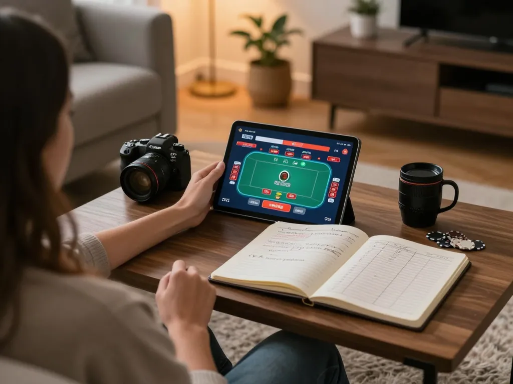 Tr88 Vina player strategizing on online poker game using tablet at home.