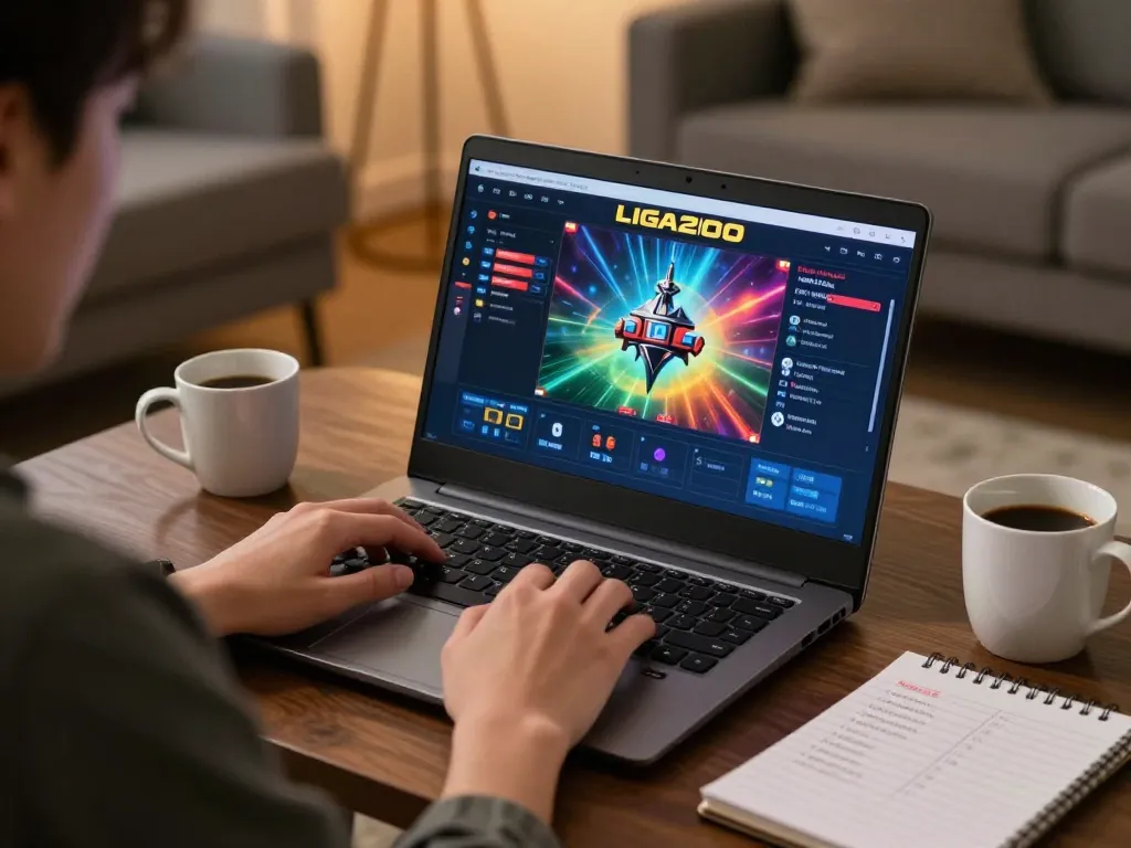 LIGA2000 player engaging with online slot game on laptop, showcasing a cozy and strategic gaming environment