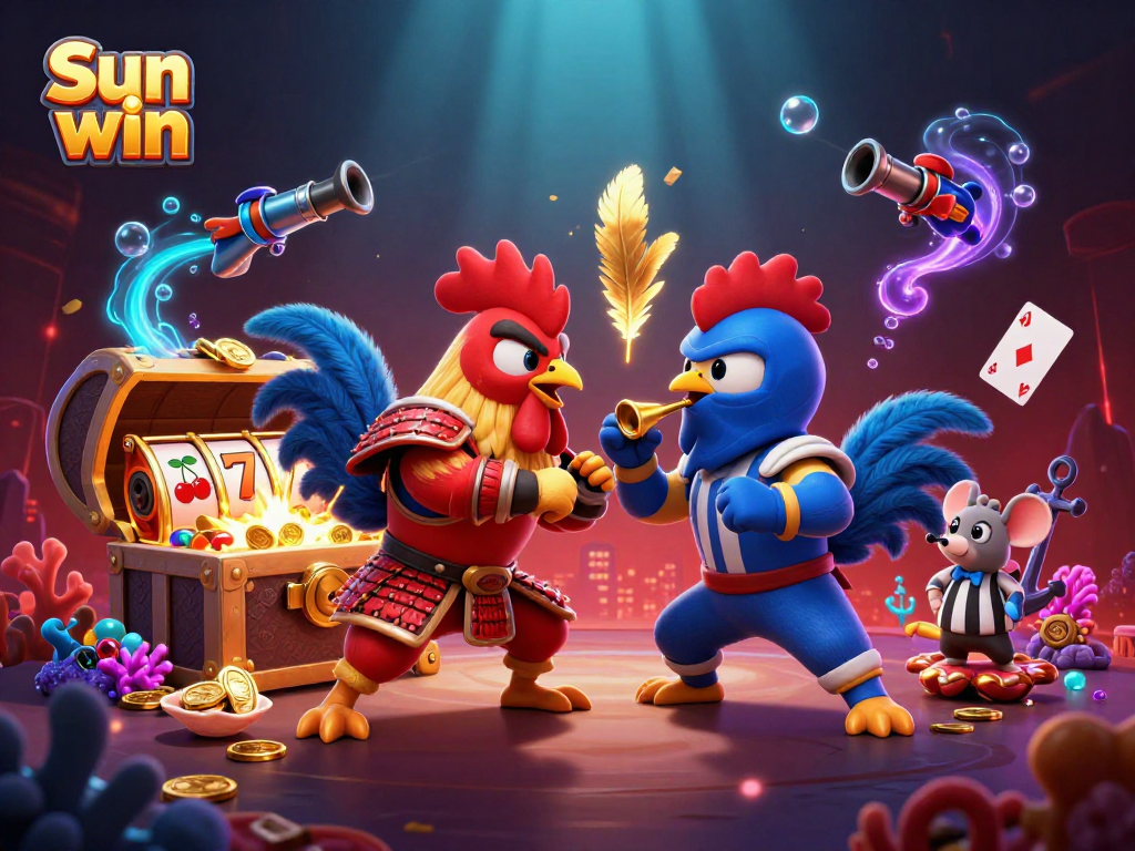Engage in thrilling matches at Sun win with fighting roosters facing off in an action-packed casino game.