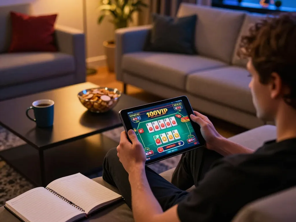Engaging in online gambling at 100VIP with a cozy atmosphere and strategic setup