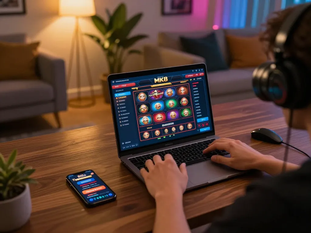 Engaging in online gaming on the MK8 platform with vibrant interface visible.