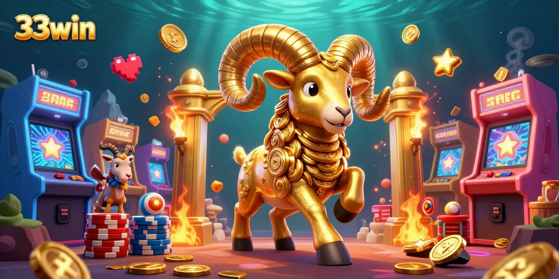Engage with 33win's vibrant casino world showcasing golden ram, games, and dynamic betting elements.
