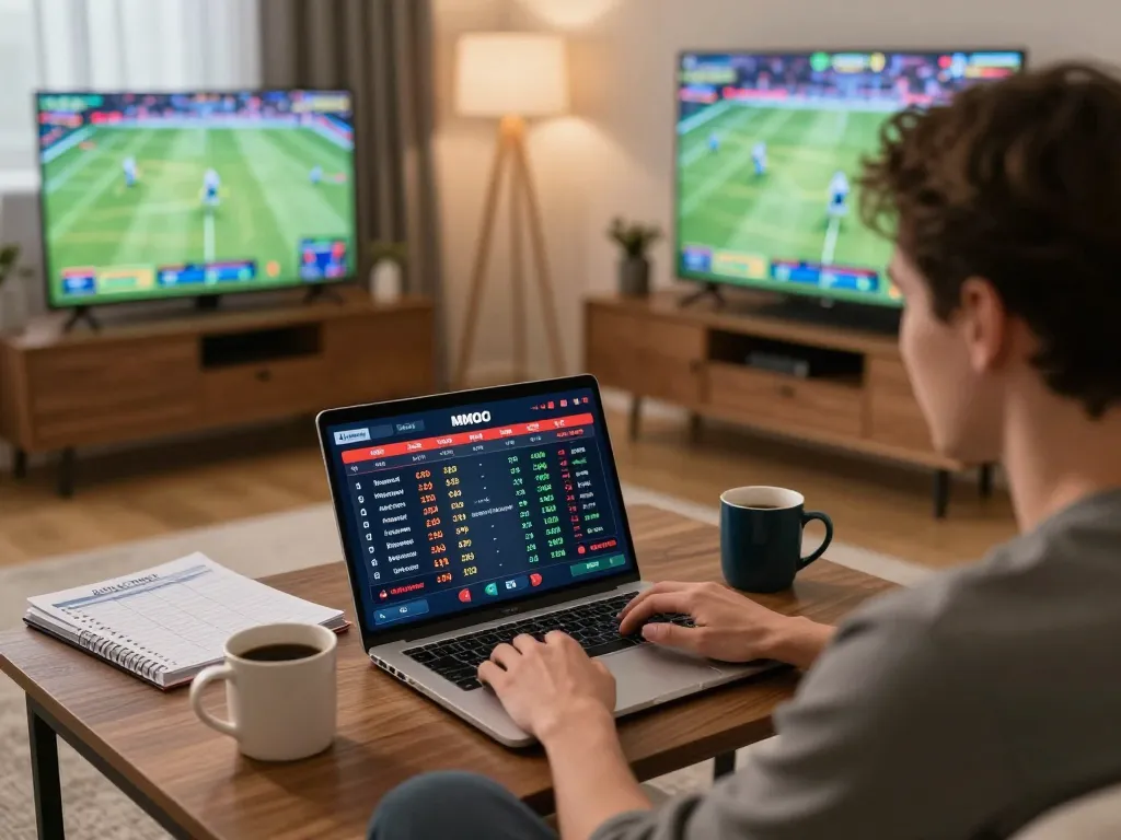 Player enjoying live betting on MMOO's platform in a cozy home setting, laptop displaying betting interface