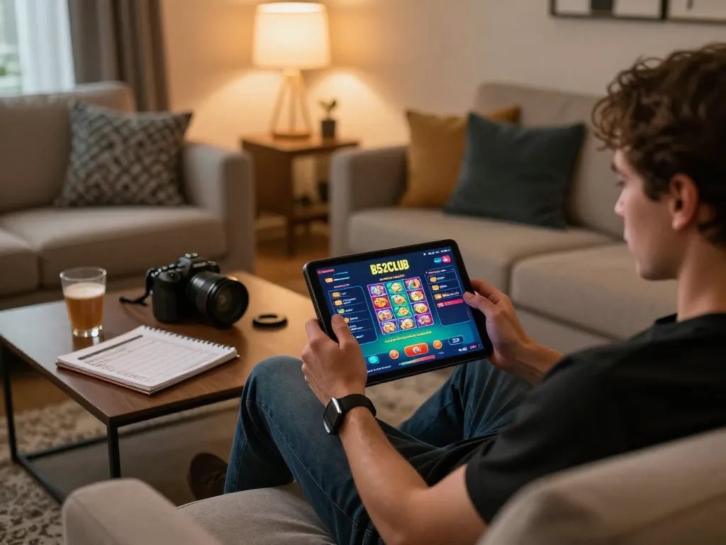 Engaging in B52CLUB online gaming session on tablet in cozy living room.