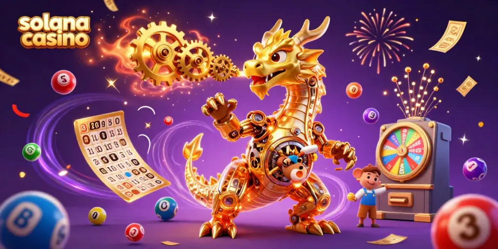 Experience excitement at Solana Casino with a dragon amidst lottery elements and vibrant confetti.