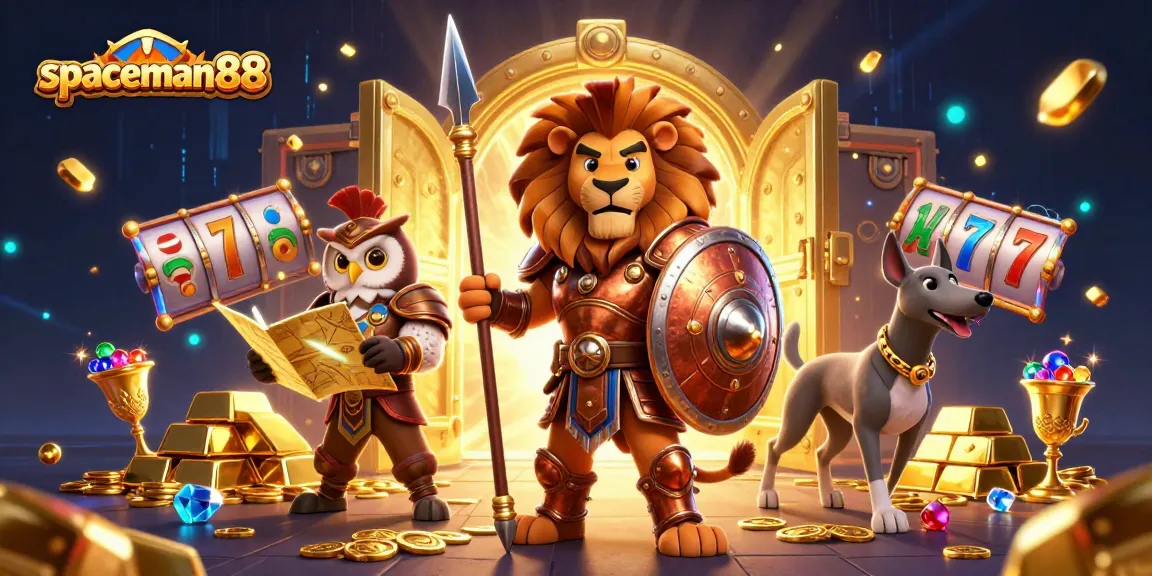 Uncover adventures with spaceman88 as a Spartan lion and allies navigate golden treasures in a dynamic slot battle.