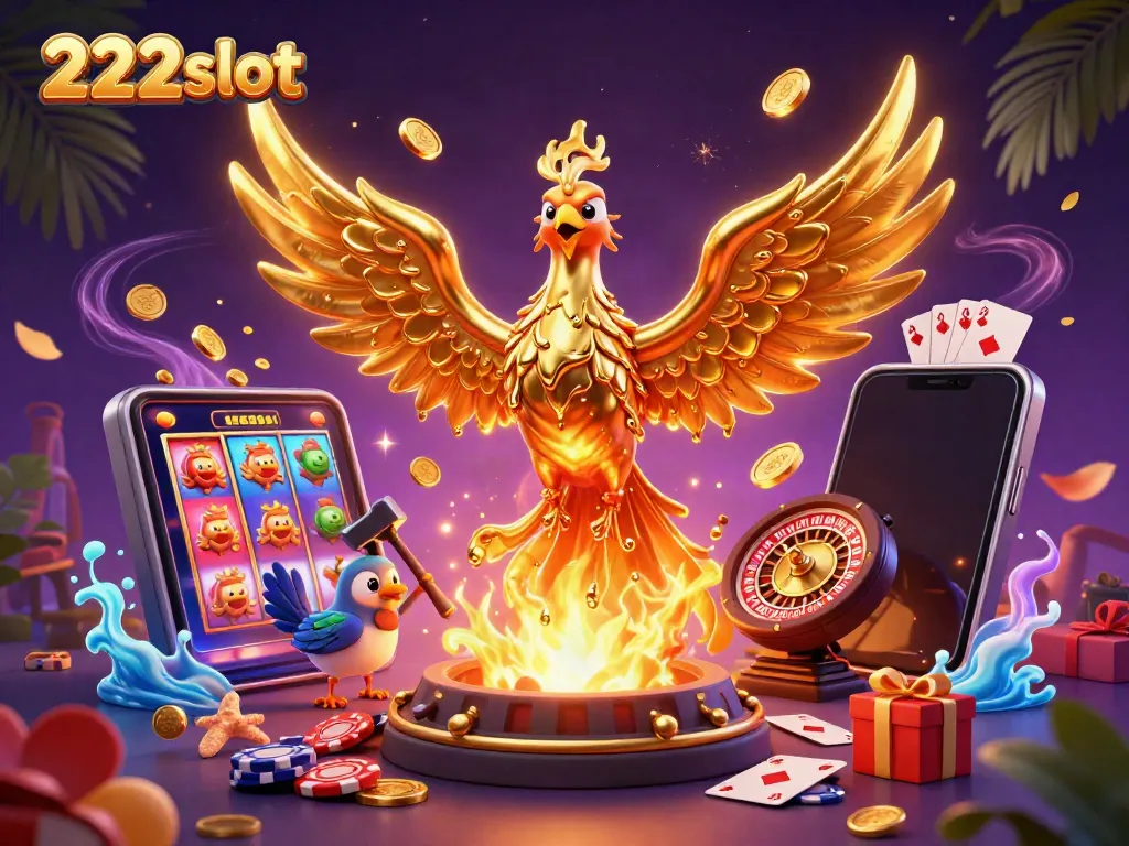 Menangkan permainan slot 222slot dengan ilustrasi phoenix emas dan elemen keberuntungan di kasino.