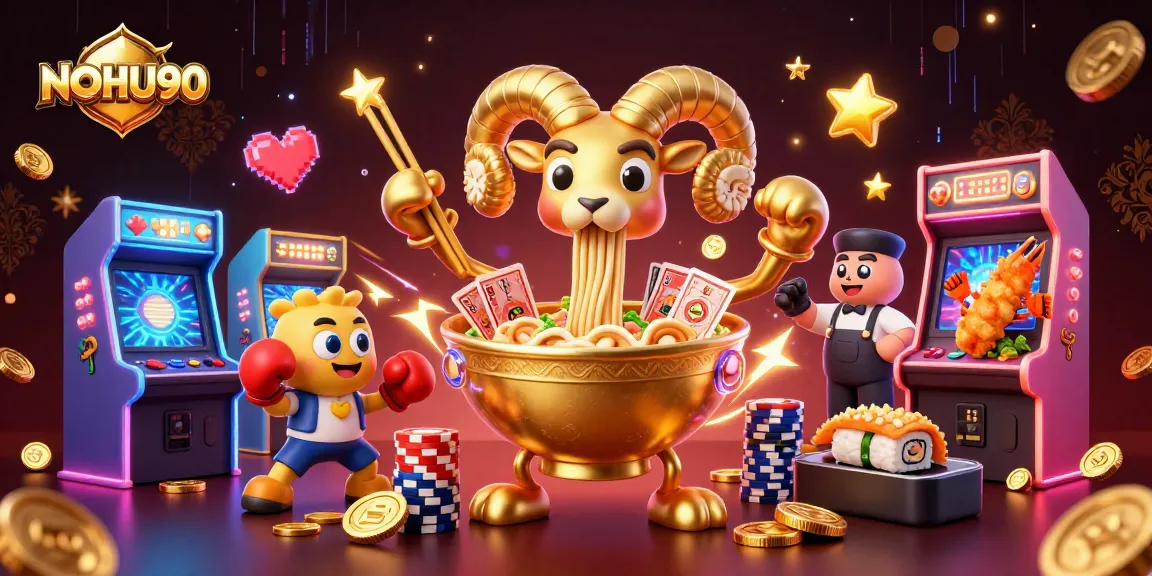 Engage with NOHU90’s thrilling gaming scene featuring dynamic casino elements and cartoon characters.
