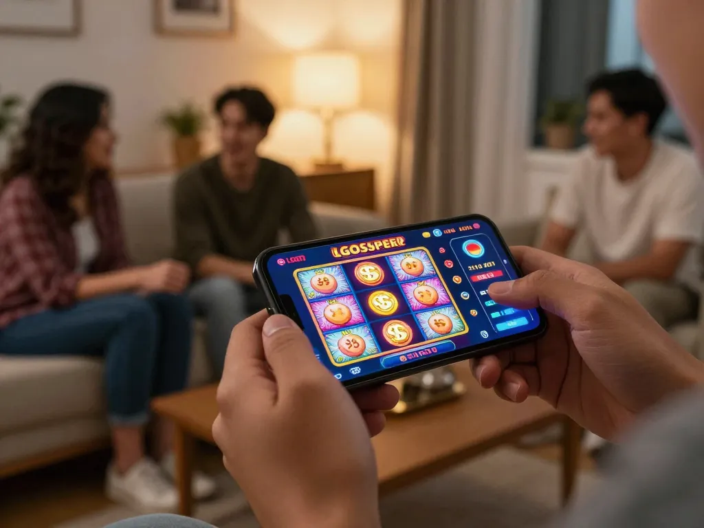 Engaging mobile gaming with LGOSUPER slot app on smartphone, celebrating vibrant graphics and casual enjoyment.