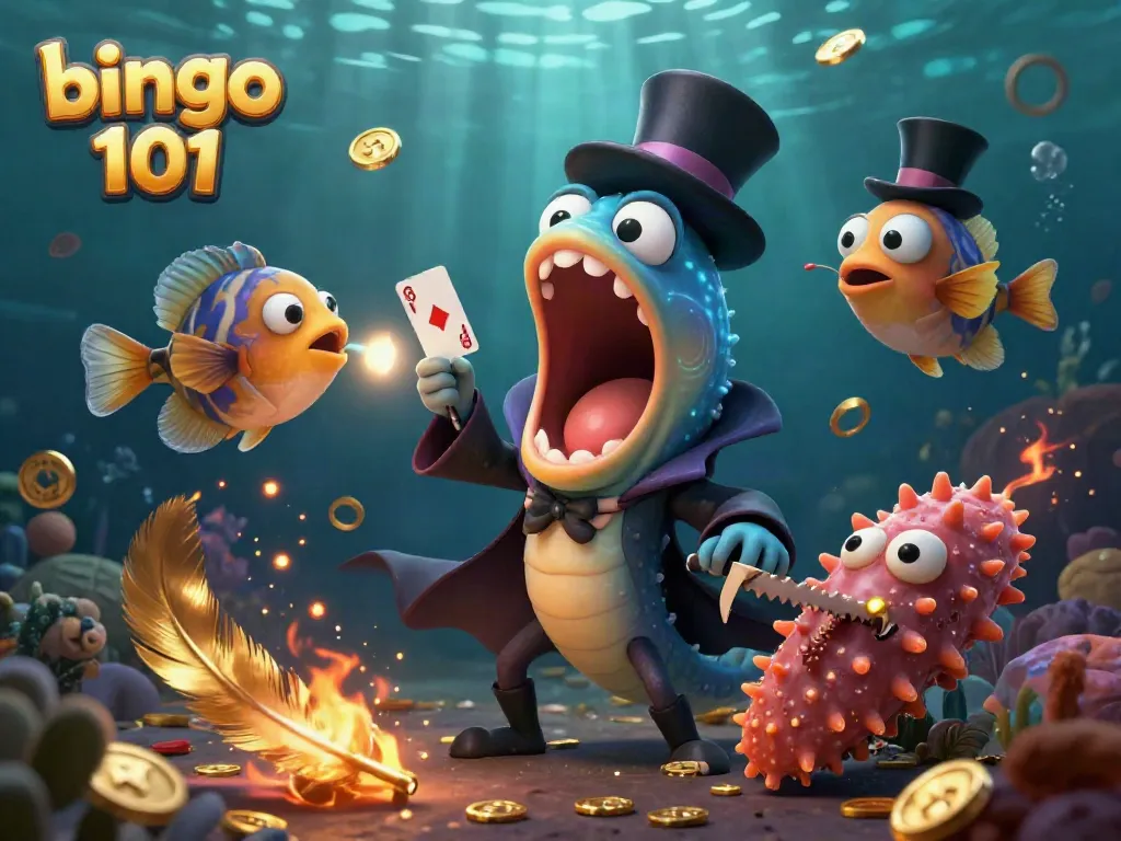 Experience the excitement of bingo 101 with vibrant gaming characters and casino elements in a captivating underwater scene.
