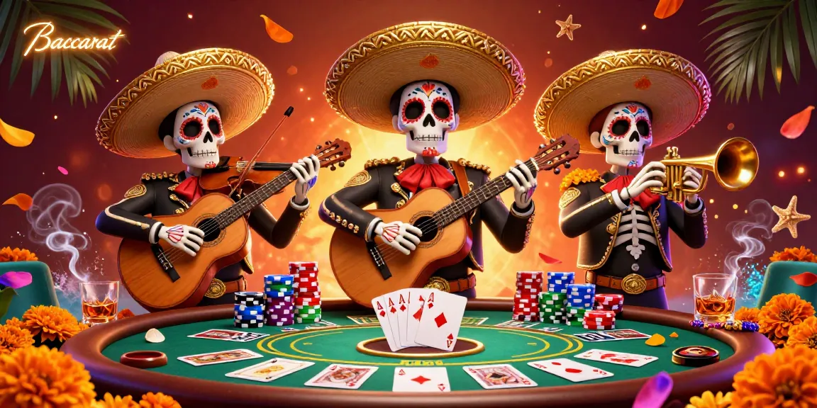 Baccarat scene featuring a lively mariachi band with skeletons, poker chips, and vibrant decorations.