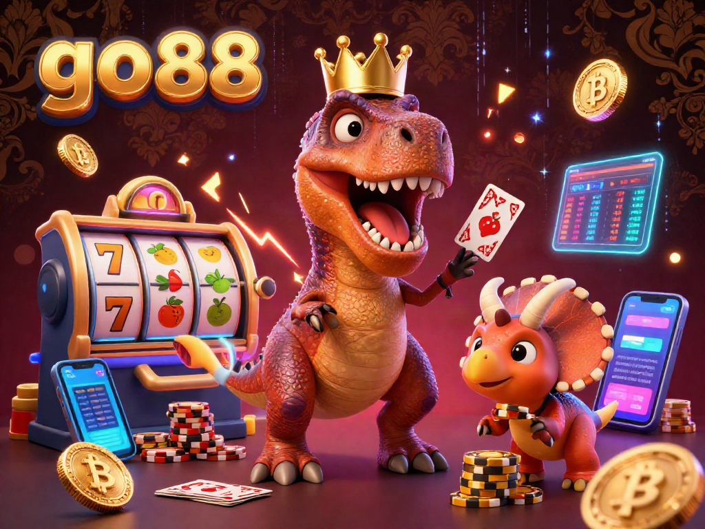 Engage with thrilling go88 casino gameplay featuring 3D dinosaur characters amidst vibrant slot elements and crypto coins.