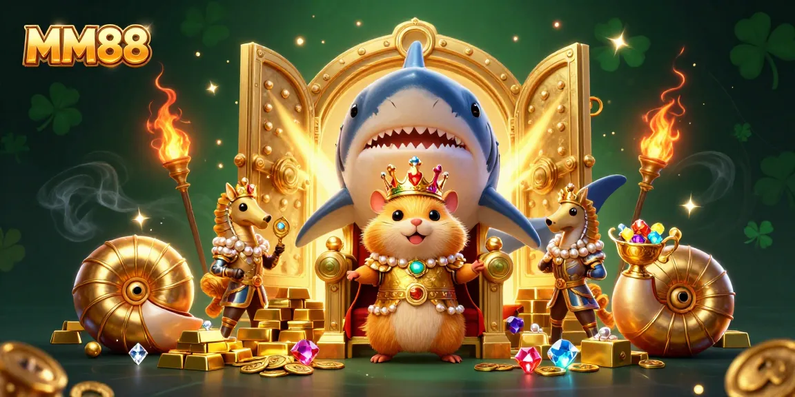 Join the excitement at MM88 with a fierce golden hamster king ruling over dazzling treasures in a vibrant casino scene.