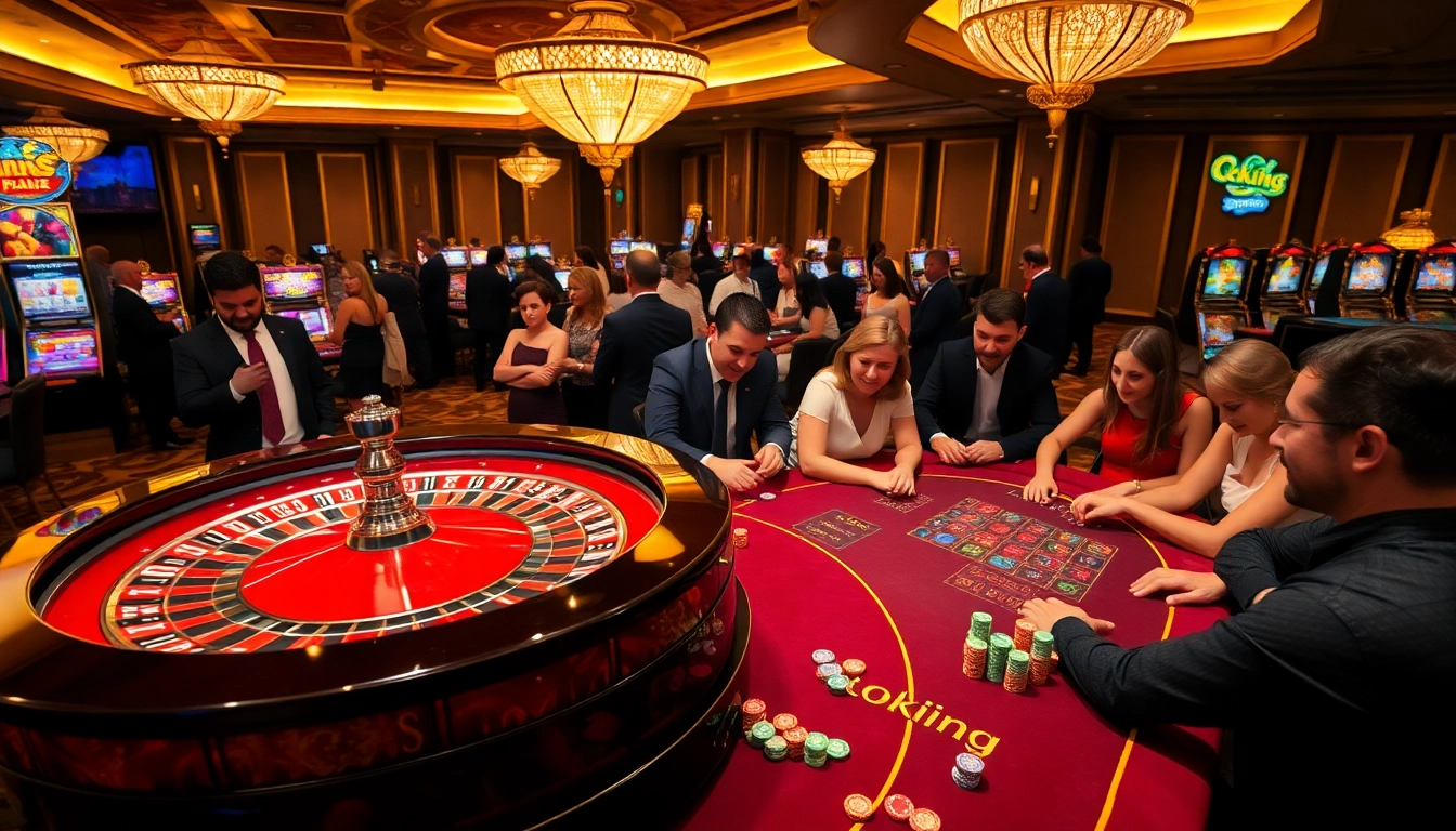 Okking players celebrate a winning moment at a high-stakes poker table in a luxurious casino.