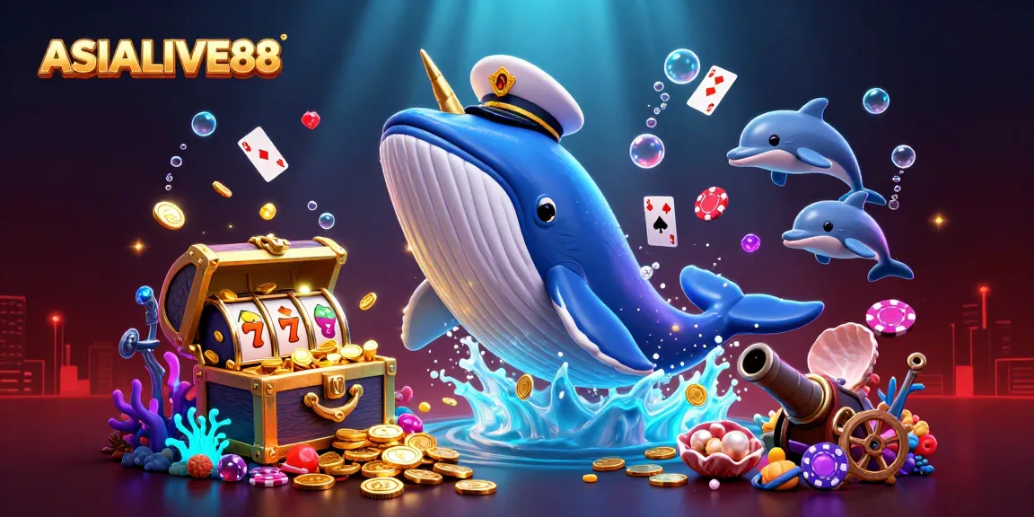 Join the fun at ASIALIVE88 with a vibrant 3D illustration of a whale and playful dolphins amidst casino icons.