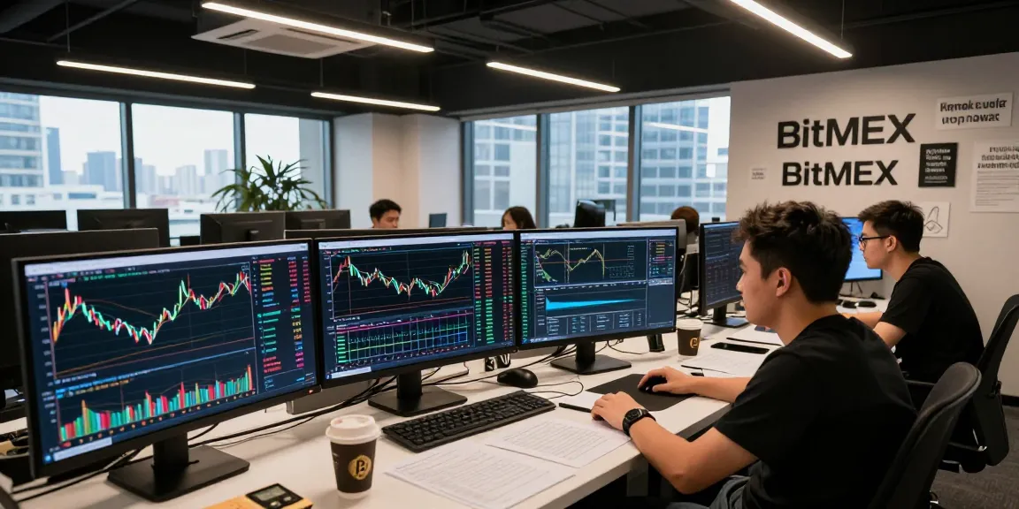 Трейдер на платформе BitMEX активно анализирует рынок, отзывы bitmex на экране и трейдинговые графики вокруг