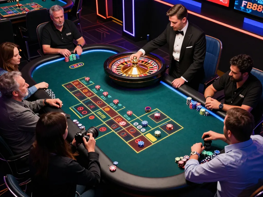 Experience thrilling gameplay at FB88 with players actively wagering at a live roulette table.
