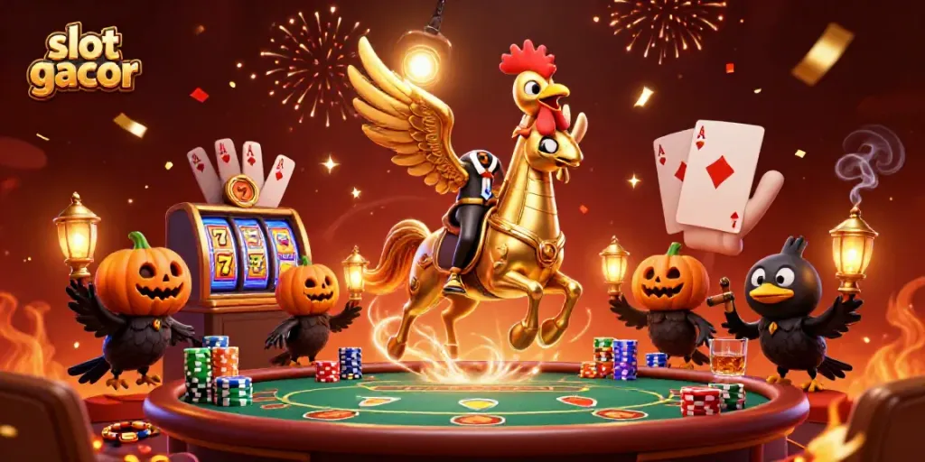 Experience the slot gacor magic in this vibrant 3D illustration with festive casino elements.