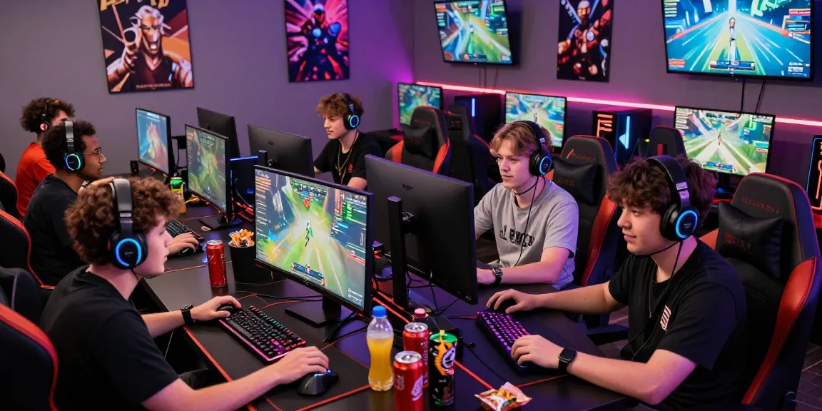 Gamers immersed in competitive play on AMANAHTOTO platform in modern lounge.