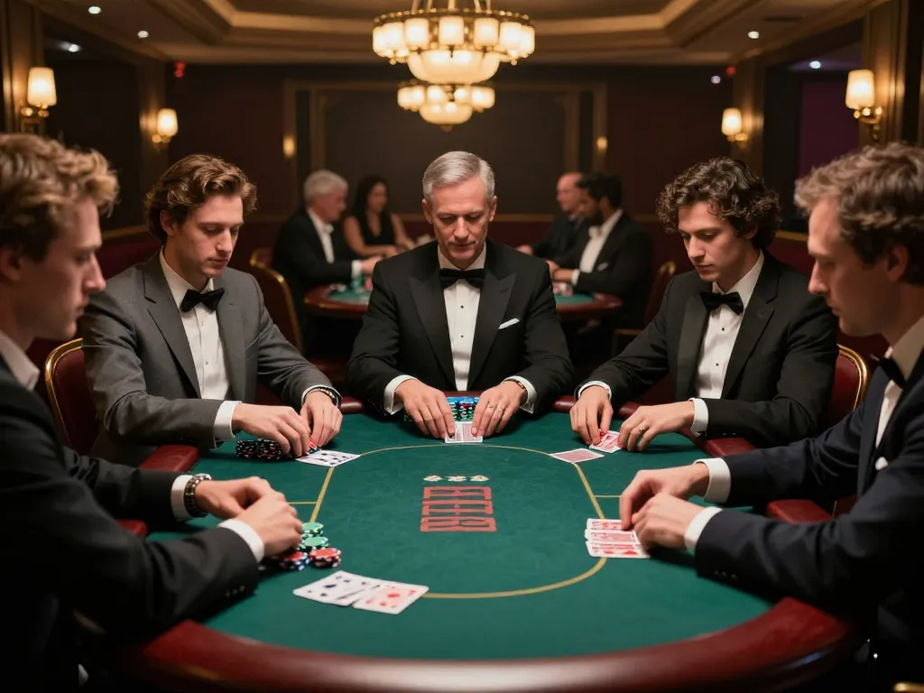 Players engaged in a strategic poker game at a tg88 casino table, showcasing chips and cards, luxury atmosphere.