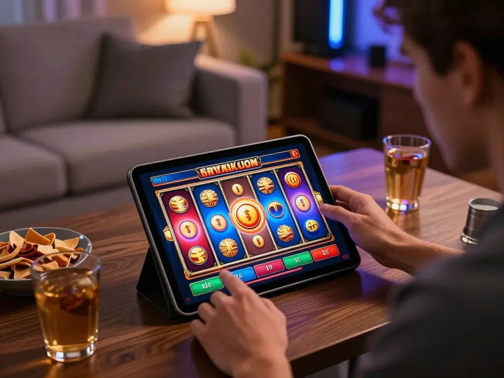 Experience sun win excitement with a player enjoying online slots on tablet in a cozy home
