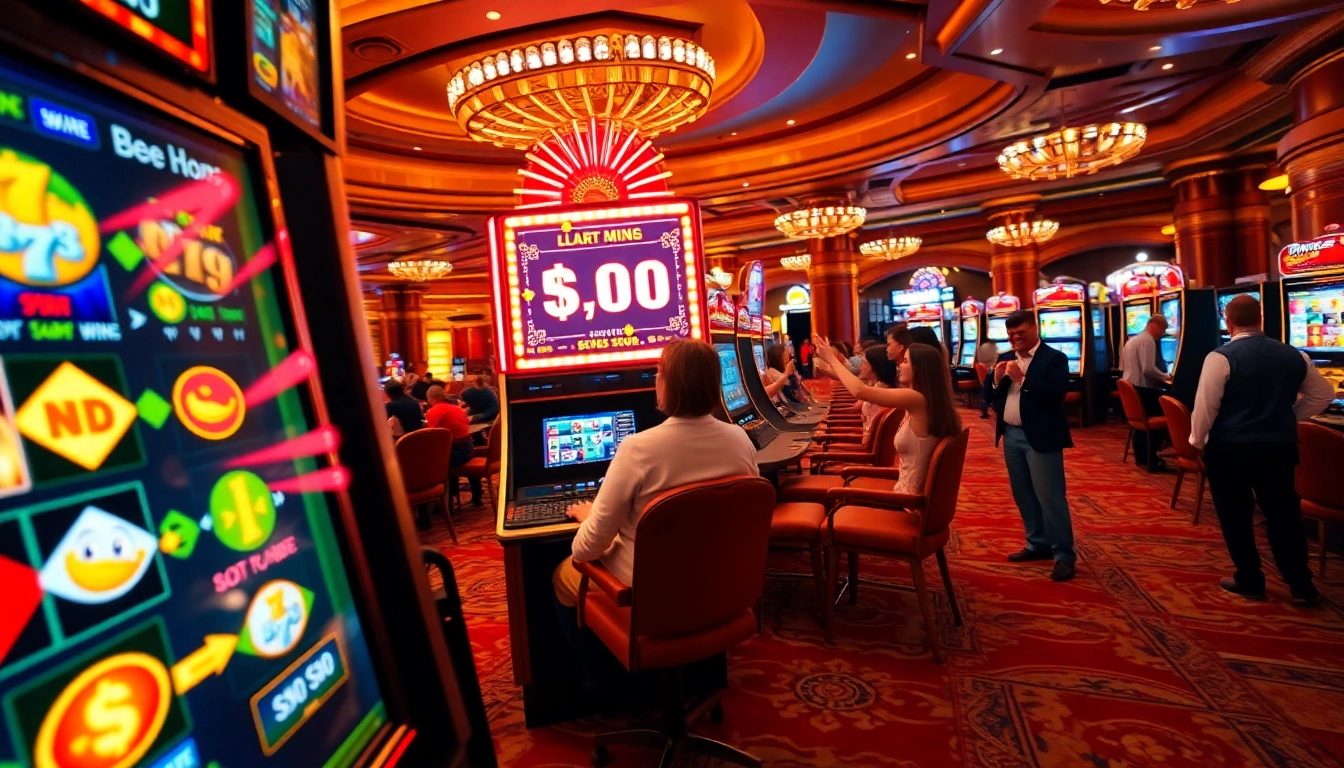 Excited player celebrating a slot bonus win at a luxurious casino.