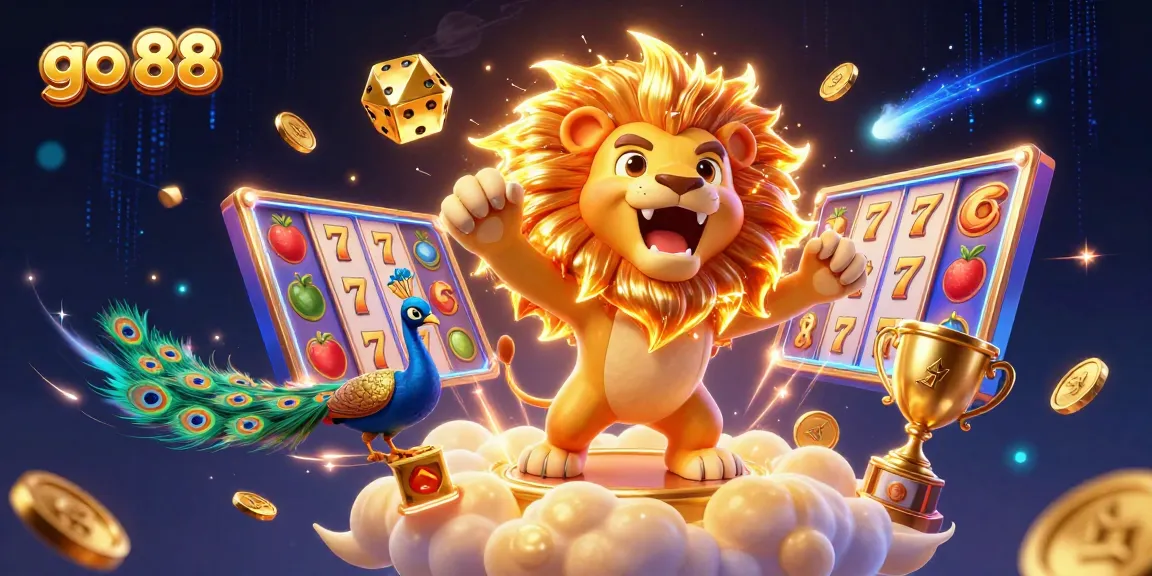 Spin the reels of go 88 with the roaring lion and dazzling golden dice, capturing the excitement of slots.