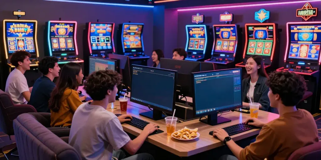 Players enjoying a lively slot gacor gaming experience with vibrant atmosphere and colorful displays.