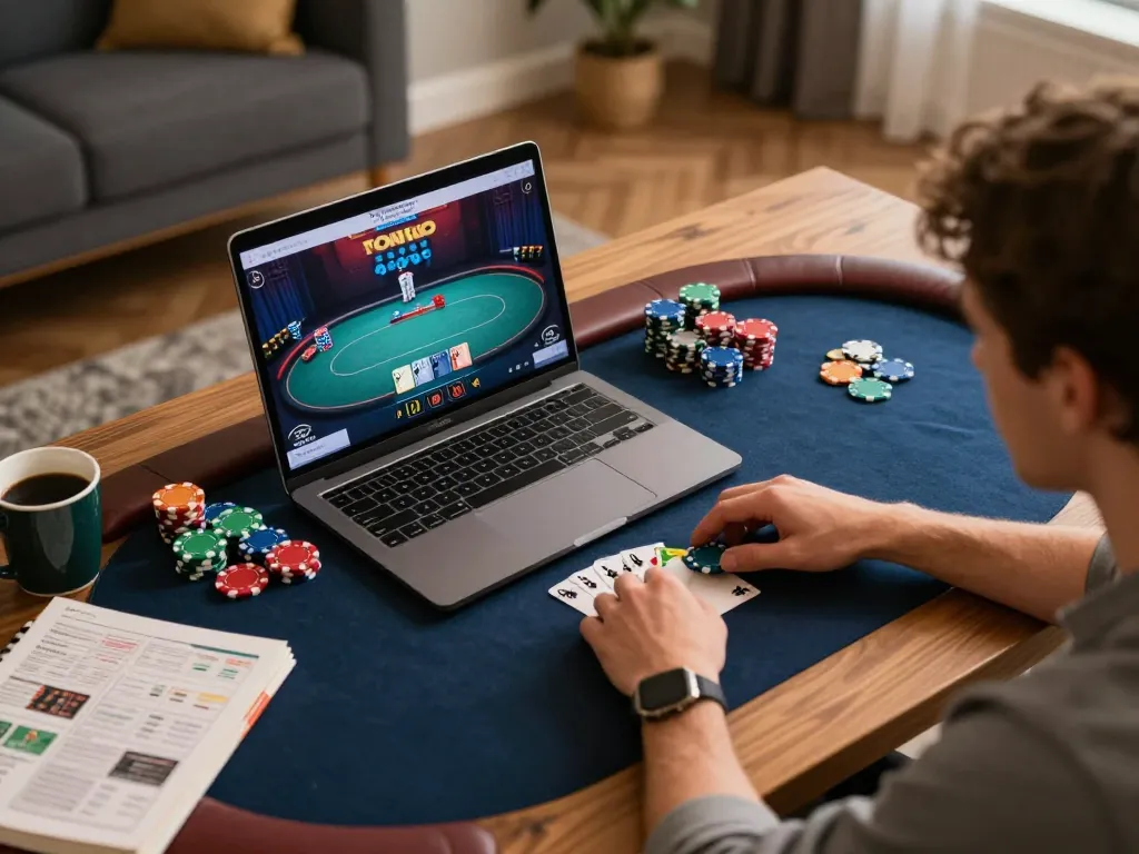 Engaging bk8 online poker game session at home with vibrant chips and live dealer.