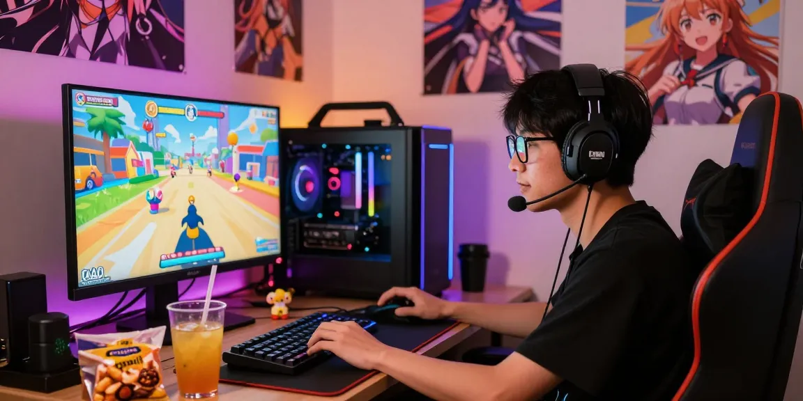 Engaged gamer playing a colorful ecchi game on a high-performance setup with LED lights.