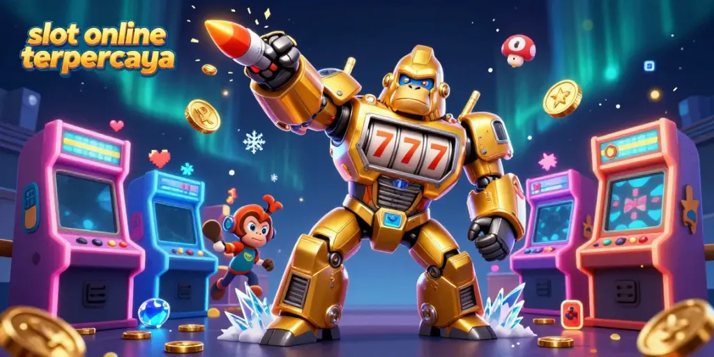 Slot online terpercaya, ilustrasi menarik tentang mesin slot dengan karakter mekanik gorila bertema kasino.