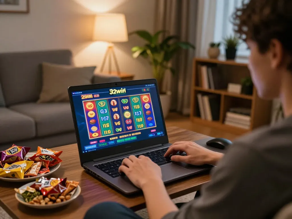 Engaging gameplay at 32win online casino reveals vibrant slot action in cozy home setting.