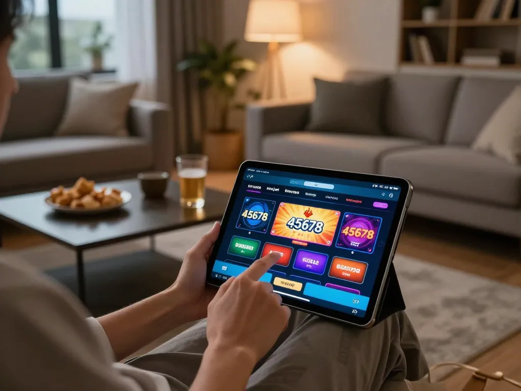Player using 45678 app on tablet to engage with online casino games in a cozy living room setting