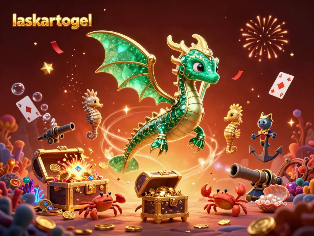 Engage with thrilling gaming adventures at laskartogel through this vibrant illustration of a sea dragon and seahorse guardians.