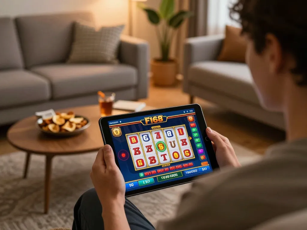 Experience seamless gaming with F168 on an engaging tablet interface in a cozy home.