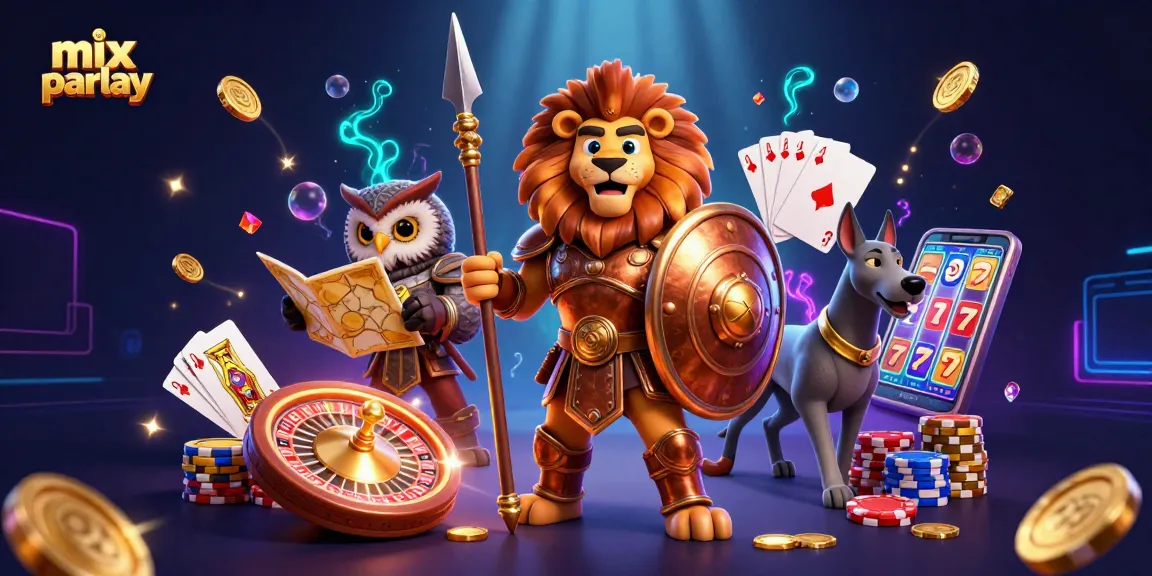 Engage in mix parlay betting with a dynamic illustration of a Spartan lion, owl strategist, and greyhound amidst casino elements.