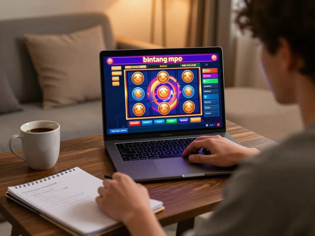 Berkelut dengan permainan online bintangmpo di laptop dalam pengaturan rumah yang nyaman, menampilkan keterlibatan strategi dan kegembiraan.