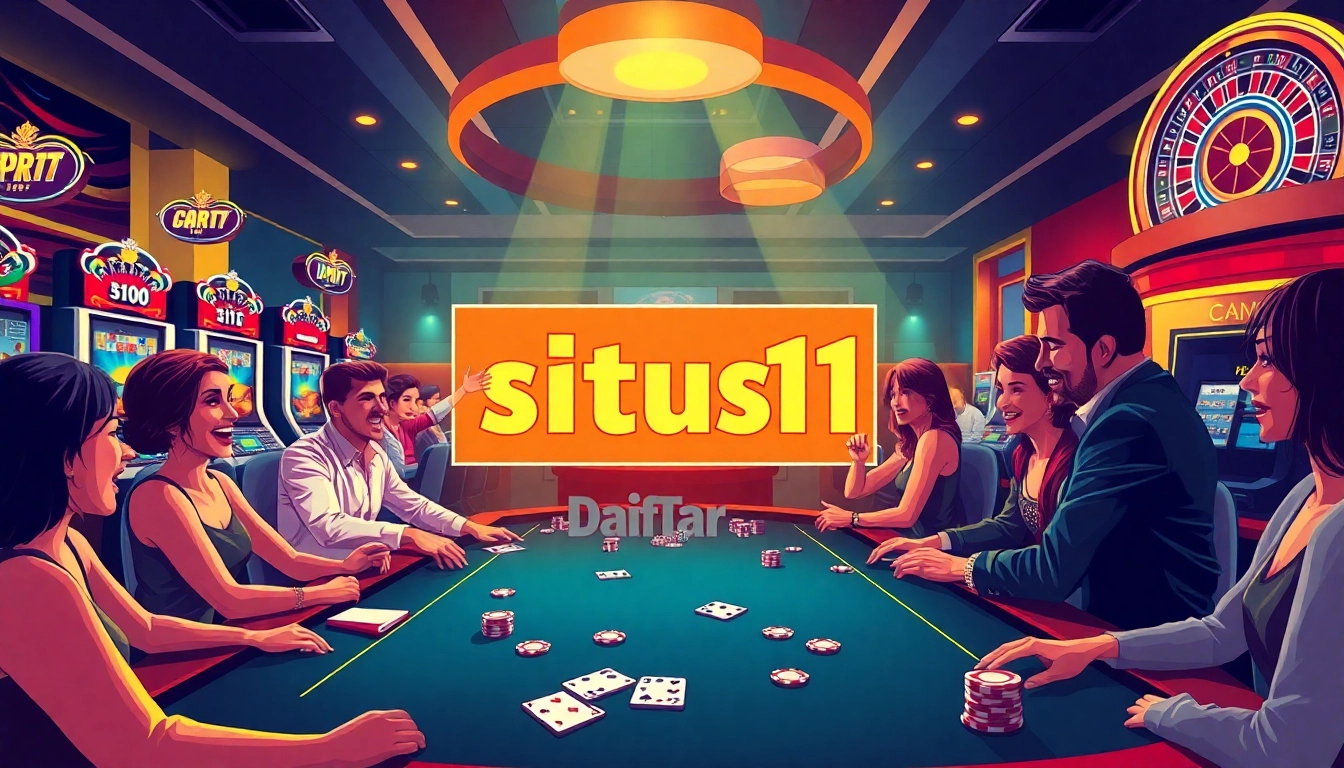 Situs11 daftar showcasing a lively casino scene with players enjoying slot machines and poker tables, capturing excitement.