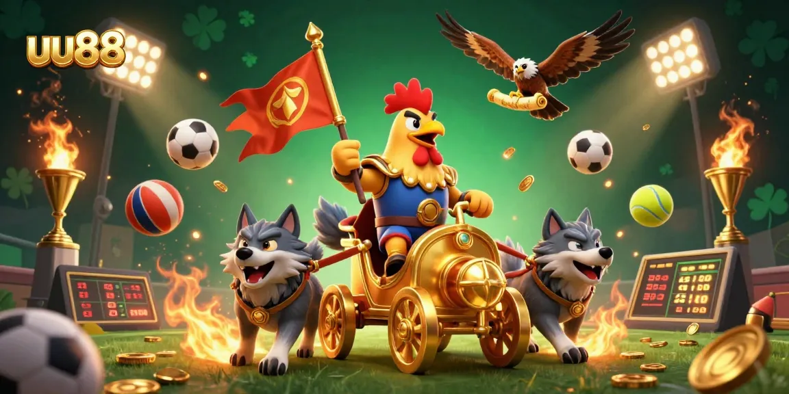 Betting on uu88's thrilling sports action with a war chariot, wolf companions, and dynamic elements.