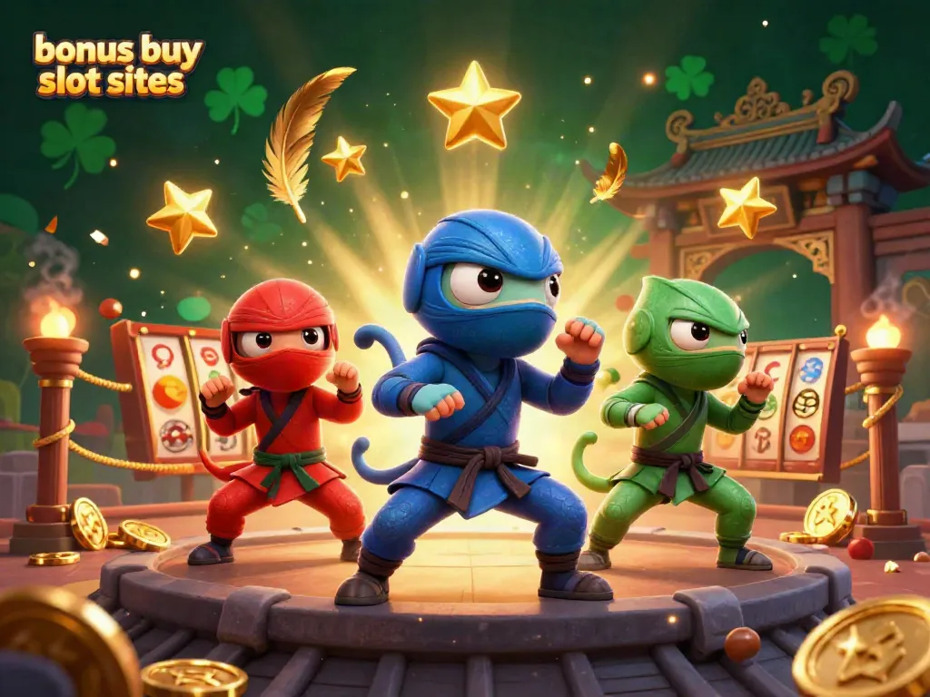 Exciting scene from a bonus buy slot sites illustration with ninja chameleon team showcasing dynamic action and vibrant casino elements.