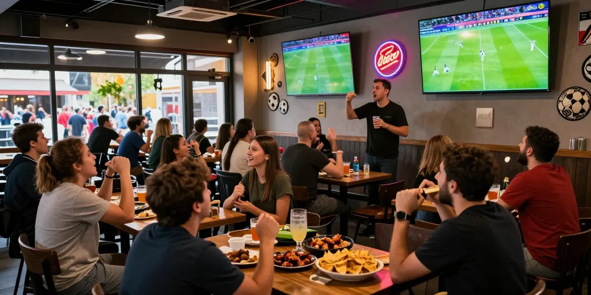 Live soccer match atmosphere with sports fans enjoying جدول مباريات اليوم كورة لايف in a vibrant sports bar setting
