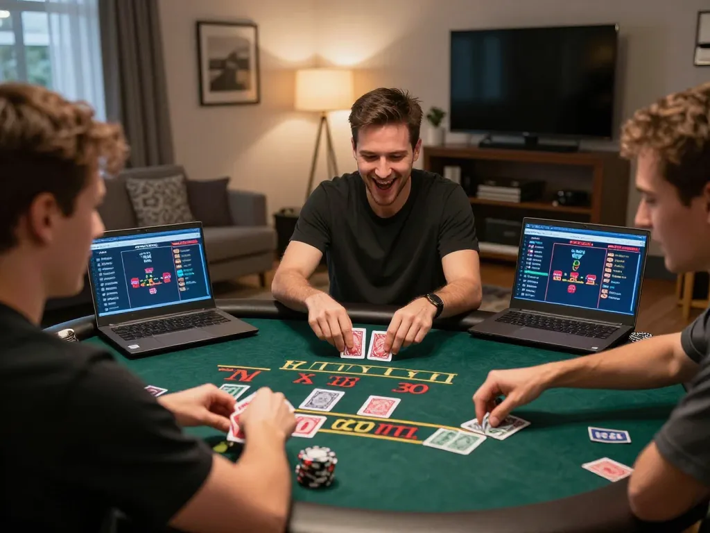 Players at TG88 enjoying an online blackjack game with a live dealer in a lively home gaming setup.