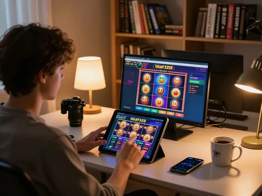 Permainan kasino online Ulat123 yang menarik di tablet dalam suasana rumah yang nyaman