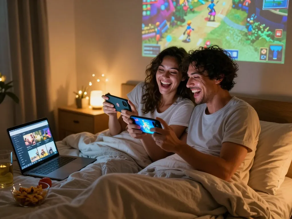 Couple enjoying sex games together on smartphones in cozy bedroom.