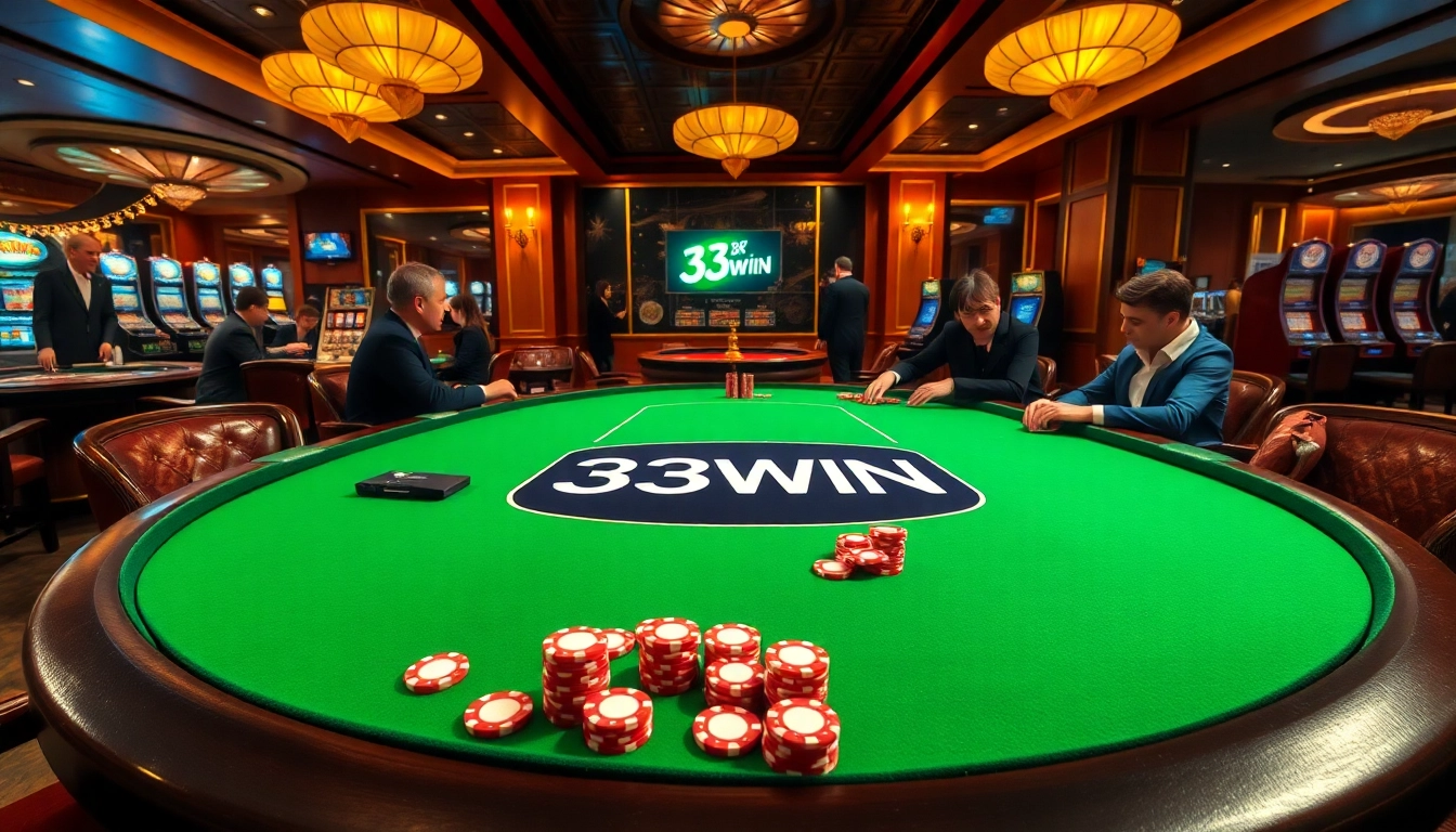 Experience the thrill of 33WIN with high-stakes poker at a luxurious casino table.