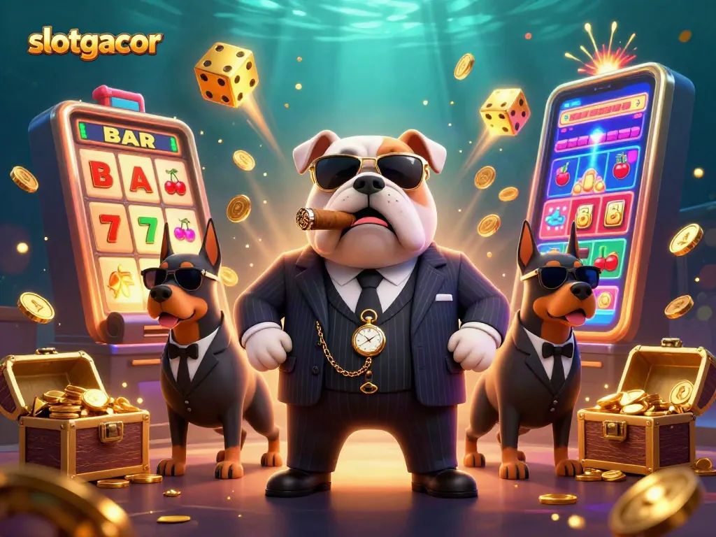 Slotgacor: Kasino 3D menggambarkan bulldog mafia dan anjing penjaga dengan mesin slot